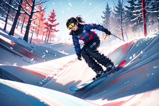 (masterpiece, best quality, ultra-detailed, 8K),beautiful girl riding snowboard in the hill of snow park,23yo,goggles,snowboard outfit,(very high speed) down hill,(perfect carving turn),(colorful:1.5),cinematic lighting,koh_yunjung,1 girl,kimtaeri