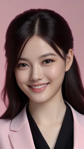 Hyper-realistic portrait of a girl,detailed symmetric face,detailed soft shiny skin,(black eyes),small face,cute smile,long black hair,black suit on pink shirt,office backdrop,studio photo,trending on artstation,Ultra-detailed,HDR,RAW photo,model photography,rembrandt lighting,close-up,real_booster,art_booster,k1m_y0ujun6