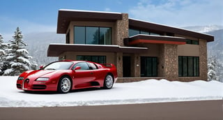 CAR: ((Hyper-Realistic)) photo of a red Bugatti EB 218 \(1999 Bugatti EB 218 designed by Giorgetto Giugiaro\) parked on the backdrop of resort house,Front view,well-lit,(dark silver body color:1.2),silver and black stylish alloy wheels
BREAK
HOUSE: modern resort house,very sophisticated and stylish mountain home,contemporary design,luxurious, windows,snow,snowing, street,trees,mid-size house,(delightful front porch,tall multi-pane windows,wall cladding with accents of dark brown veneer stones and steel battens combined to create a spectacular exterior of the house)
BREAK
IMAGE QUALITY: aesthetic,rule of thirds,depth of perspective,perfect composition,studio photo,trending on artstation,cinematic lighting,(Hyper-realistic photography,masterpiece,photorealistic,ultra-detailed,intricate details,16K,sharp focus,high contrast,kodachrome 800,HDR:1.2),(shot on Canon EOS 5D,eye level,soft diffused lighting,vignette,highest quality,original shot:1.2),by Karol Bak,Gustav Klimt,Easton Chang and Hayao Miyazaki,
real_booster,ani_booster,w1nter res0rt,art_booster,H effect,(car and [house] focus:1.2),Extremely Realistic