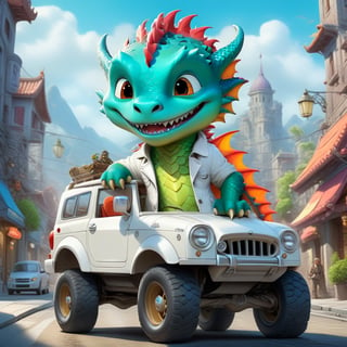 Cartoon: a very cute and young dragon boy,driving a cool SUV,cheerful,white jacket,(complex city street backdrop),cinematic lighting,rule of thirds,depth of perspective,trending on artstation,(hyper-realistic,Ultra-detailed,sharp focus,high contrast,HDR,masaterpiece, RAW photo,photo realism:1.3),(fullbody:1.3),dragon_h,art_booster, real_booster,H effect