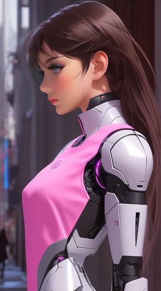 Highly detailed portrait of a cyborg girl standing in city street,20yo,clear facial features,model body,detailed hair,(backdrop: complex city street),(Flamingo Pink,Stained Beige,Purple Gray,Creamy White color),(perfect hands:1.2),perfect body proportions,form-fitting mecha armor
BREAK 
anime vibes,(fullbody wide shot),rule of thirds,studio photo,hyper-realistic,masterpiece,HDR,trending on artstation,8K,Hyper-detailed,intricate details,cinematic lighting,bright light reflecting on a cheek,(yor briar:1.2),ani_booster, art_booster,real_booster,H effect