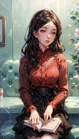 beautiful girl reading a book at a cafe,red clothes,watercolor,drawing by catherine kehoe,color by jenny saville,style affected by liu xiaodong,1 girl,han-hyoju