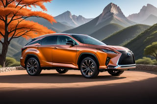 ((Ultra-realistic)) photo of Lexus RX 500h,sonic copper color,shiny spinning wheels,glossy black alloy rims with silver edge,bright turned on head lights
BREAK
(backdrop of yva11ey2,beautiful mountain with rock,tree,forest,vivid colors),wide shot,front view,distant view
BREAK
rule of thirds,studio photo,trending on artstation,perfect composition,(Hyper-detailed,masterpiece,best quality,32K,UHD,sharp focus,high contrast),depth of perspective,H effect,photo_b00ster, real_booster,more detail XL,y0sem1te,yva11ey2