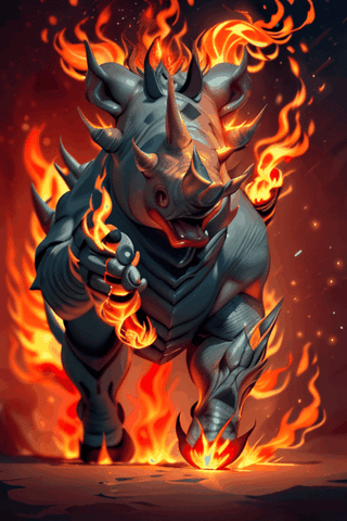 Monster rhino with flame elemental running into me fiercely, fire elemental effect, realistic, intricate