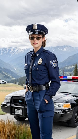 Hyper-Realistic photo of a beautiful LAPD police officer,20yo,1girl,solo,LAPD police uniform,cap,detailed exquisite face,soft shiny skin,smile,sunglasses,looking at viewer,Kristen Stewart lookalike,cap,fullbody:1.3
BREAK
backdrop:lamarva11ey,outdoors,sky,day, cloud,tree,cloudy sky,grass,nature, beautiful scenery,mountain,winding road,landscape, american bisons,police car,(girl focus),[cluttered maximalism]
BREAK
settings: (rule of thirds1.3),perfect composition,studio photo,trending on artstation,depth of perspective,(Masterpiece,Best quality,32k,UHD:1.4),(sharp focus,high contrast,HDR,hyper-detailed,intricate details,ultra-realistic,kodachrome 800:1.3),(cinematic lighting:1.3),(by Karol Bak$,Alessandro Pautasso$,Gustav Klimt$ and Hayao Miyazaki$:1.3),art_booster,photo_b00ster, real_booster,y0sem1te,Ye11owst0ne