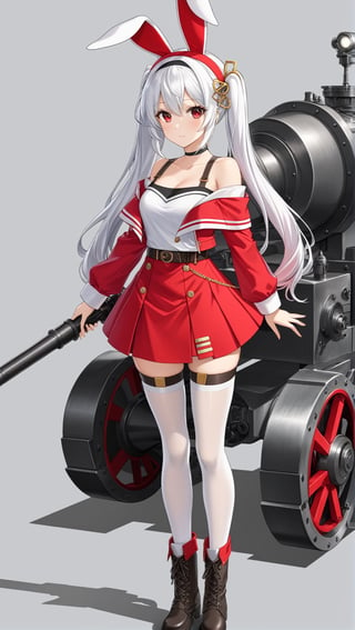 Hyper-Detailed Anime of Laffey \(Azur Lane\), 1girl, solo, long hair, looking at viewer, bangs, skirt, hair ornament, red eyes, thighhighs, long sleeves, animal ears, twintails, collarbone, jacket, full body, white hair, pleated skirt, hairband, boots, grey background, off shoulder, rabbit ears, white thighhighs, zettai ryouiki, red skirt, thigh boots, strap slip, camisole, machinery, turret, cannon, red hairband, pink jacket, searchlight,simple background,cluttered maximalism
BREAK
(rule of thirds:1.3),(thick drawing lines:1.2),perfect composition,studio photo,trending on artstation,(Masterpiece,Best quality,32k,UHD,sharp focus,high contrast,HDR,hyper-detailed,intricate details,ultra-clear:1.3),(cinematic lighting),photo_b00ster, real_booster,art_booster,ani_booster