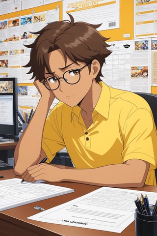 Highly detailed anime of a young businessman sitting in front of a computer in his office,looking very sleepy,short brown hair,brown skin,wearing glasses,wearing a yellow shirt,backdrop of busy office,cluttered maximalism,(Disney Pixar-style:1.3),white post sign with test saying "Too Busy"
BREAK 
(anime vibes:1.3),rule of thirds,studio photo,(masterpiece,best quality,trending on artstation,8K,Hyper-detailed,intricate details,ink and pen),cinematic lighting,by Karol Bak,Antonio López,Gustav Klimt and Hayao Miyazaki,ani_booster,real_booster,art_booster