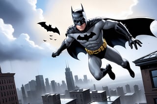 Digital illustration of Batman flying down from a building top,gloves,1boy,male focus,sky,cloud,cape,bodysuit, mask,bird,building,flying,city,superhero,rainy,very dark,view from the ground
BREAK
(rule of thirds:1.3),depth of perspective,studio photo,perfect composition,trending on artstation,finesse of pen and ink,by Frank Miller \(Sin City style\),(masterpiece,best quality,32K,UHD,sharp focus,high contrast), real_booster,art_booster,ani_booster