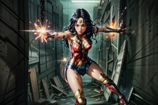 wonder women fighting against many monsters in the base BREAK wonder women hitting faces of monsters BREAK fires everywhere in the base BREAK  (masterpiece, best quality, ultra-detailed, 8K, realistic:1.2, intricate:1.2, rule of thirds), cinematic lighting, night, (dark environment),wonder_woman,kimtaeri