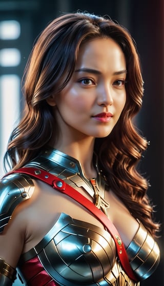 ultra realistic, best quality, cinematic, ultra detailed picture of beautiful sexy female wearing an intricate form-fitting armor with technological glass elements and red laser belts on breasts, beautiful photo studio, sharp focus, work of beauty and complexity invoking a sense of magic and fantasy,confident smile, 8k UHD, colorful aura, glowing,upper body,rembrandt lighting,kimtaeri-xl,wonder-woman-xl