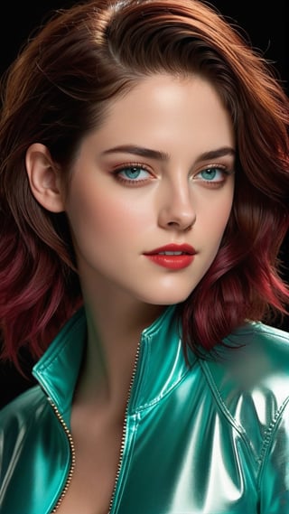 ((Hyper-realistic)) half body portrait of a beautiful woman,alluring neighbor's wife,23yo,(Kristen Stewart),body model portrait,clear facial features,perfect body,perfect in every way,detailed face,detailed soft shiny skin,detailed hair,playful smirks,seductive eyes,elegant jacket on (turtleneck) shirt,detailed reflective textures of clothes,(Aqua Blue, Raspberry Red, Mint Cream, Hazel Brown color),rule of thirds,chiaroscuro lighting,soft rim lighting,key light reflecting in the eyes,bokeh backdrop,by Antonio López and David Parrish,real_booster