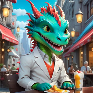 Cartoon: a very cute and young-looking dragon boy,eating American breakfast in a restaurant happily,cheerful,white jacket,(complex city street backdrop),cinematic lighting,rule of thirds,depth of perspective,trending on artstation,(hyper-realistic,Ultra-detailed,sharp focus,high contrast,HDR,masaterpiece,RAW photo),(fullbody:1.3),dragon_h,art_booster, real_booster,H effect