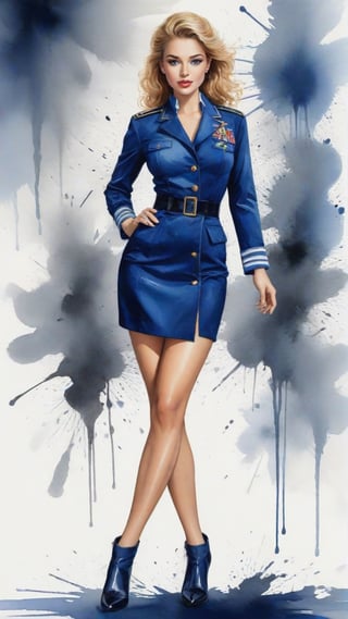 (alcohol ink watercolor art) of a beautiful 20yo US Navy officer in Navy uniform,model body,1girl,exquisite face,heels
BREAK 
colorful splatters and ink stains backdrop,(Frank Miller's Sin City style:1.3),trending on artstation,CG society,(rule of thirds:1.5),art_booster,minimalist,artint