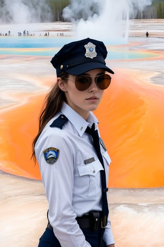 Hyper-Realistic photo of a beautiful LAPD police officer at Grand Prismatic Spring of Yellowstone, 20yo,1girl,solo,LAPD police uniform,cap,detailed exquisite face,soft shiny skin,smile,sunglasses,looking at viewer,Kristen Stewart lookalike,cap,fullbody:1.3
BREAK
backdrop:grandpr1smat1c,vivid color for Spring,orange mane-like soil around the pool,brown and white soil color,smoke from spring,brown and white color soil,1 spring,(girl focus),[cluttered maximalism]
BREAK
settings: (rule of thirds1.3),perfect composition,studio photo,trending on artstation,depth of perspective,(Masterpiece,Best quality,32k,UHD:1.4),(sharp focus,high contrast,HDR,hyper-detailed,intricate details,ultra-realistic,kodachrome 800:1.3),(cinematic lighting:1.3),(by Karol Bak$,Alessandro Pautasso$,Gustav Klimt$ and Hayao Miyazaki$:1.3),art_booster,photo_b00ster, real_booster,Ye11owst0ne