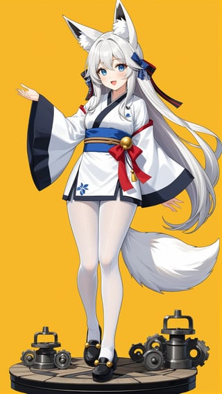 Hyper-Detailed Anime of Kasumi \(Azur Lane\),1girl, solo, long hair, looking at viewer, blush, open mouth, bangs, blue eyes, hair ornament, long sleeves, ribbon, animal ears, very long hair, standing, tail, full body, hair ribbon, white hair, pantyhose, japanese clothes, socks, wide sleeves, kimono, black footwear, animal ear fluff, sleeves past wrists, fox ears, bell, fox tail, fox girl, ribbon trim, jingle bell, machinery, white pantyhose, ribbon-trimmed sleeves, turret, rigging, torii,simple background,yellow background,cluttered maximalism
BREAK
(rule of thirds:1.3),(thick drawing lines:1.3),perfect composition,studio photo,trending on artstation,(Masterpiece,Best quality,32k,UHD,sharp focus,high contrast,HDR,hyper-detailed,intricate details,ultra-clear:1.3),(cinematic lighting),photo_b00ster, real_booster,art_booster,ani_booster