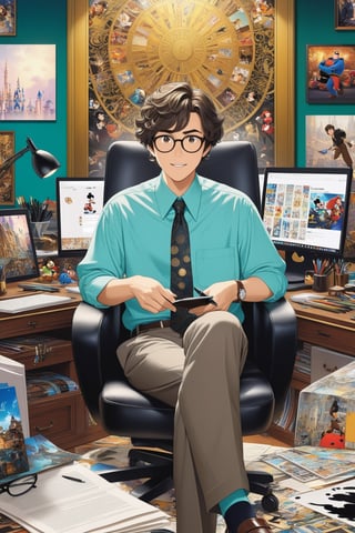 Highly detailed anime of a young businessman sitting in front of a computer in his office,looking excited,short brown hair,brown skin,wearing glasses,wearing an aqua shirt,backdrop of busy office,cluttered maximalism,(Disney Pixar-style:1.3)
BREAK 
(anime vibes:1.3),rule of thirds,studio photo,(masterpiece,best quality,trending on artstation,8K,Hyper-detailed,intricate details,ink and pen),cinematic lighting,by Karol Bak,Antonio López,Gustav Klimt and Hayao Miyazaki,ani_booster,real_booster,art_booster
