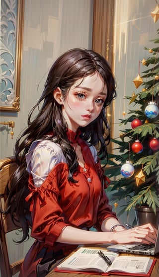 beautiful girl using notebook computer,sitting in cafe with X-mas tree and decoration,small face,red clothes,watercolor,by catherine kehoe,jenny saville and liu xiaodong,1 girl,seolhyun