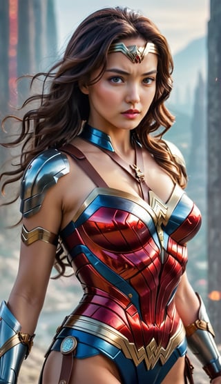 ultra realistic, best quality, cinematic, ultra detailed picture of beautiful sexy female wearing an intricate form-fitting armor with technological glass elements and red laser belts on breasts, enchanted city landscape, sharp focus, work of beauty and complexity invoking a sense of magic and fantasy, calming face and pose, 8k UHD, colorful aura, glowing, upper body, (((closed mouth))),kimtaeri-xl,wonder-woman-xl