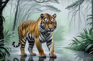 (Hyper realistic photo of a tiger) in rainy forest,fog,rain drops,puddles,cluttered maximalism,green and grey color
BREAK
(rule of thirds:1.3),perfect composition,studio photo,trending on artstation,(Masterpiece,Best quality,32k,UHD:1.4),(sharp focus,high contrast,HDR,hyper-detailed,intricate details,ultra-realistic,award-winning photo,ultra-clear,kodachrome 800:1.25),(chiaroscuro lighting,soft rim lighting:1.15),by Karol Bak,Antonio Lopez,Gustav Klimt and Hayao Miyazaki,photo_b00ster,real_booster,art_booster,ani_booster,ink 