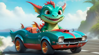 a cute dragon boy,driving a cute muscle car with tuned large wheels on a highway,wearing goggles,ocean backdrop,highly detailed,cinematic lighting,rule of thirds,depth of perspective,trending on artstation,wide shot,dragon_h,art_booster,real_booster