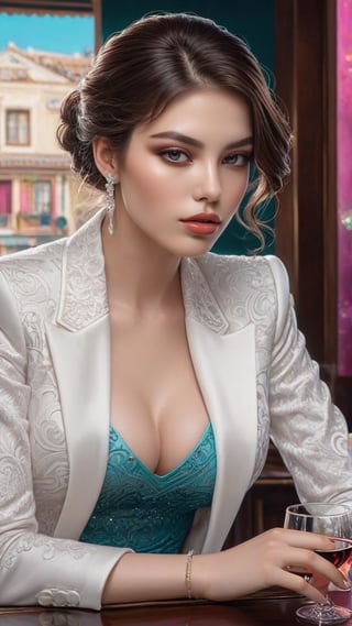 Hyper-realistic portrait of a sophisticated girl,20yo,drinking wine in a bar,sitting at a table,alluring neighbor's wife,clear facial features,detailed exquisite face,perfect female form,model body,elegant jacket on shirt short skirt,detailed bar backdrop,(cyan pink white color),
trending on artstation,perfect composition,(Hyper-realistic,Masterpiece,Hyper-detailed,intricate details:1.2),cinematic lighting,anime vibes,yor briar,,pen and ink,by Karol Bak and Gustav Klimt,real_booster, art_booster,ani_booster