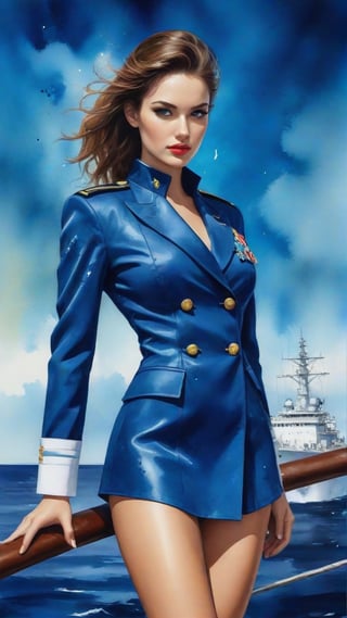 (alcohol ink watercolor art) of a beautiful 20yo US Navy officer in Navy uniform standing on a ship,exquisite face,perfect female form,model body,heels,backdrop of US Navy cruise ship in the ocean,sky,clouds
BREAK 
colorful splatters and ink stains backdrop,(Frank Miller's Sin City style:1.3),trending on artstation,CG society,(rule of thirds:1.3),art_booster,minimalist