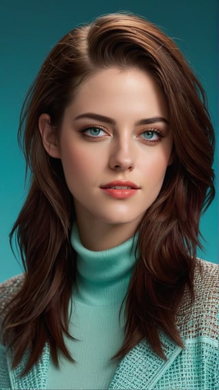 ((Hyper-realistic)) half body portrait of a beautiful woman,alluring neighbor's wife,23yo,(Kristen Stewart),body model portrait,clear facial features,perfect body,perfect in every way,detailed face,detailed soft shiny skin,detailed hair,playful smirks,seductive eyes,elegant jacket on (turtleneck) shirt,detailed reflective textures of clothes,(Aqua Blue, Raspberry Red, Mint Cream, Hazel Brown color),rule of thirds,chiaroscuro lighting,soft rim lighting,key light reflecting in the eyes,bokeh backdrop,by Antonio López and David Parrish,real_booster