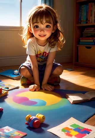 a girl,full body,pixar style,long messy hair, smilling,kindergarten, some kid toys, messy book, painting on the floor, playing together, bright light, playfull,