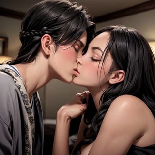 1girl,1boy, (full body shot), (young tanned woman, fit, large breasts, dark nipples, symmetrical face, high detail face, high detail skin, braided black hair, messy hair, towel covering her body), (young man, Japnese, slender, fit, black hair), kiss, kissing, bedroom, (masterpiece, top quality, best quality, beautiful and aesthetic:1.2)