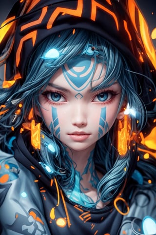 a close up of a person wearing a hoodie, inspired by rossdraws, Artstation contest winner, a young female shaman, unreal engine 5 4 k uhd image, andreas rocha style, fire eyes, intricate ornate anime cgi style, portrait of apex legends, warrior girl, detailed unblurred face, 8k render”, High Detailed, chibi