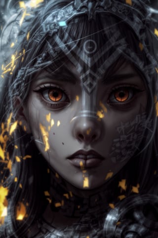 a close up of a person wearing a headdress, a character portrait, inspired by rossdraws, unreal engine 5 4 k uhd image, brave young girl, tribal red atmosphere, covered in runes, ultra detailed face and eyes, anime tribal boy with long hair, aloy, ultra detailed content : face, epic game portrait, fire eyes, wojtek fus, High Detailed,