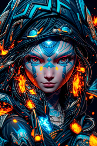 a close up of a person wearing a hoodie, inspired by rossdraws, Artstation contest winner, a young female shaman, unreal engine 5 4 k uhd image, andreas rocha style, fire eyes, intricate ornate anime cgi style, portrait of apex legends, warrior girl, detailed unblurred face, 8k render”, High Detailed,3DMM