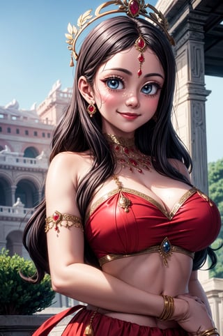 Ultradetailed, 1girl , Indian, wearing red ghagra choli, gentle features, jewellery, perfect female figure, (dimple on cheek:1.5), bold beauty, big tight boobs, gentle smile on face , (goddess beauty:1.5), (cinematic shot:1.5), royal Indian palace background, Bokeh, 8k, 4k, uhd, High detailed, ,3DMM