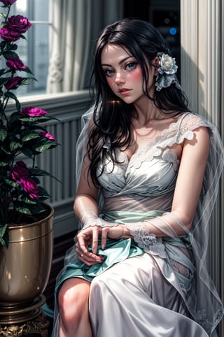 a woman sitting next to a potted plant, a portrait, instagram, wearing a sari, white lace clothing, dreamy mila kunis, soft lighting from above, wearing ivory colour dress, hand on her chin, top - down photograph, wearing organza gown, over the shoulder, close up portrait shot, half moon, actress, bride, candid picture, high detailed,blurry_light_background