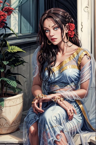 a woman sitting next to a potted plant, a portrait, instagram, wearing a sari, white lace clothing, dreamy mila kunis, soft lighting from above, wearing ivory colour dress, hand on her chin, top - down photograph, wearing organza gown, over the shoulder, close up portrait shot, half moon, actress, bride, candid picture, high detailed,Indian,CONCEPT_Djinn_Indian_persion_ownwaifu