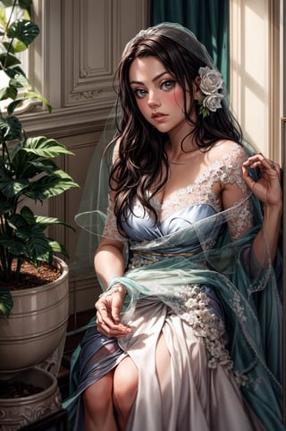 a woman sitting next to a potted plant, a portrait, instagram, wearing a sari, white lace clothing, dreamy mila kunis, soft lighting from above, wearing ivory colour dress, hand on her chin, top - down photograph, wearing organza gown, over the shoulder, close up portrait shot, half moon, actress, bride, candid picture, high detailed
