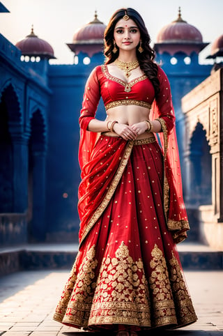 Ultradetailed, 1girl , Indian, wearing red ghagra choli, gentle features, jewellery, perfect female figure, (dimple on cheek:1.5), bold beauty, big tight boobs, gentle smile on face , (goddess beauty:1.5), (cinematic shot:1.5), royal Indian palace background, Bokeh, 8k, 4k, uhd, nsfw,