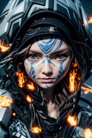 a close up of a person wearing a hoodie, inspired by rossdraws, Artstation contest winner, a young female shaman, unreal engine 5 4 k uhd image, andreas rocha style, fire eyes, intricate ornate anime cgi style, portrait of apex legends, warrior girl, detailed unblurred face, 8k render”, High Detailed, chibi