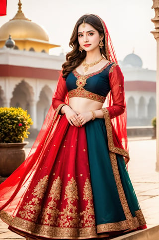 Ultradetailed, 1girl , Indian, wearing red ghagra choli, gentle features, jewellery, perfect female figure, (dimple on cheek:1.5), bold beauty, big tight boobs, gentle smile on face , (goddess beauty:1.5), (cinematic shot:1.5), royal Indian palace background, Bokeh, 8k, 4k, uhd, nsfw,aw0k euphoric style,Magical Fantasy style