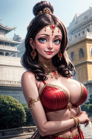 Ultradetailed, 1girl , Indian, wearing red ghagra choli, gentle features, jewellery, perfect female figure, (dimple on cheek:1.5), bold beauty, big tight boobs, gentle smile on face , (goddess beauty:1.5), (cinematic shot:1.5), royal Indian palace background, Bokeh, 8k, 4k, uhd, High detailed, ,3DMM