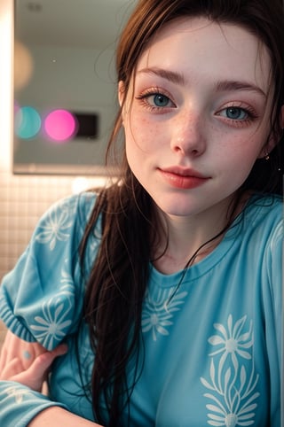 a woman in a blue dress posing for a picture, a picture, instagram, tachisme, high detailed unblurred face, in bathroom, 8k hq, around 20 yo, professional profile picture, wearing a cute top, pov photo, very very low quality picture, 8k)), 4k post,blurry_light_background