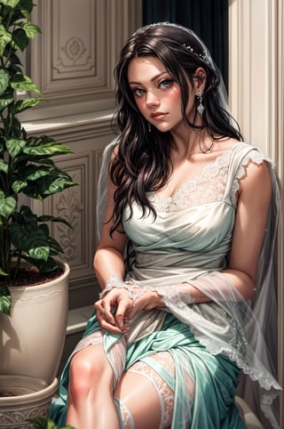 a woman sitting next to a potted plant, a portrait, instagram, wearing a sari, white lace clothing, dreamy mila kunis, soft lighting from above, wearing ivory colour dress, hand on her chin, top - down photograph, wearing organza gown, over the shoulder, close up portrait shot, half moon, actress, bride, candid picture, high detailed
