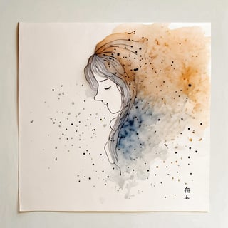 Minimalistic,drawing paper, watercolor gradient cornflower blue background, simple line art, girl, long hair,art by Christophe Louis,(masterpiece, best quality,4k),