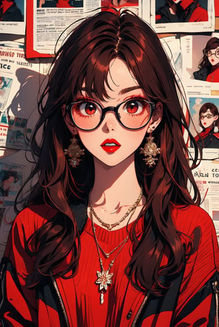 newspaper wall, glasses, parted lips, looking over eyewear,  black jacket, jewelry, long hair, jacket, red shirt, solo, upper body, brown hair, 1girl, necklace, earrings, red sweater, looking at viewer, red-tinted eyewear, sweater, red jacket, red lips ,Crazy face ,glitter