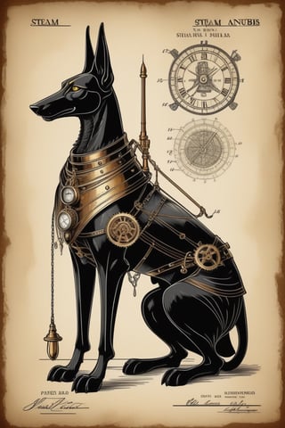 patent style drawing of steam Anubis in ink on an old paper,(steampunk:1.2),old fashioned,nostalgie,black background