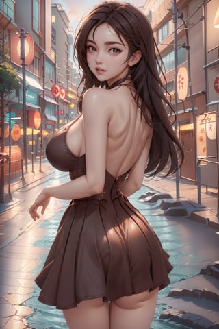 (Realistic lighting, Best quality, 8K, Masterpiece), Clear focus, 1girl, Perfect body beauty, (dark brown hair, Big breasts), (Aqua dress), (Outdoor, night), City streets, Super fine face, fine eyes, double eyelids, exposed cleavage,perfect,looking_at_viewer,FilmGirl,make_3d,STOKYO,LinkGirl,fate/stay background,photo from behind
