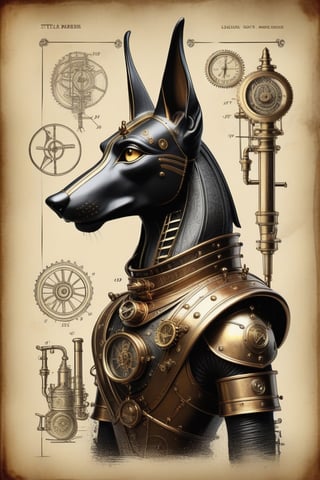 patent style drawing of steam Anubis in ink on an old paper,(steampunk:1.2),old fashioned,nostalgie,black background,DonMSt34mPXL