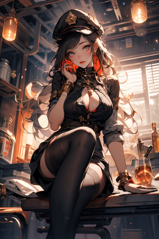 steampunk architecture background,big cap,steampunk glass, Mechanical left arm, mechanical right leg,(best aesthetic breast),steampunk style dress,yellow long hair,full_body,red lip, sexy sitting position,The scene exudes an ethereal and dreamy atmosphere, with a touch of mystery and sexiness. The graphic style blends watercolor and digital illustration techniques to evoke a refined beauty and charm. The lights are filled with soft light, casting soft highlights and shadows on her charming features, front light, Bare thighs, three-dimensional facial features, red clear eyes, topless, ,midjourney