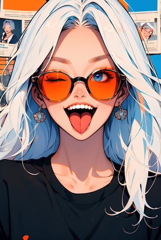 newspaper wall, newspaper, teeth, shirt, white hair, tinted eyewear, orange-tinted eyewear, tongue, long hair, solo, one eye closed, upper body, 1girl, smile, open mouth, tongue out, looking at viewer, collarbone, black shirt, sunglasses ,blue eyes