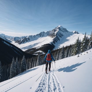 a third-person view of a mountain climber exploring the forest